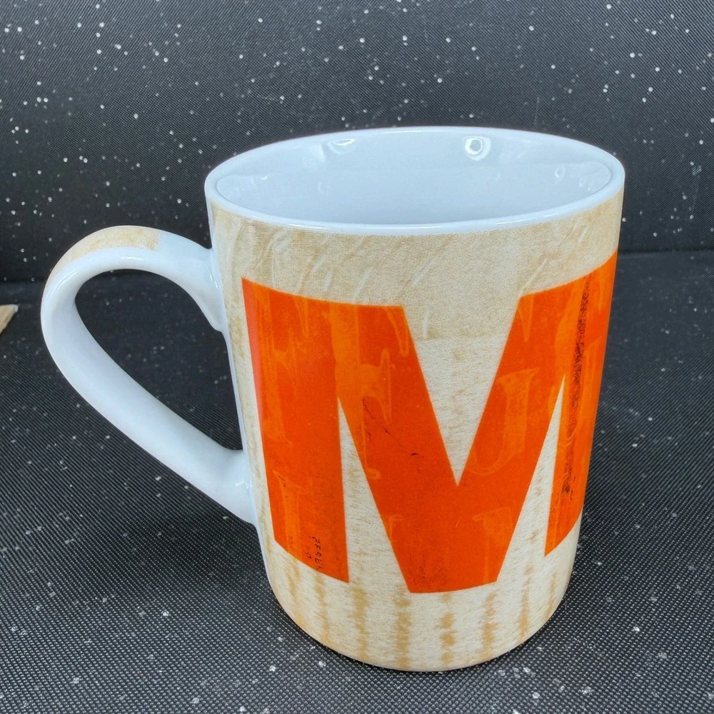 Pier 1 Imports Porcelain Coffee Mug Letter M Monogram Orange Tan Wood Grain 4in